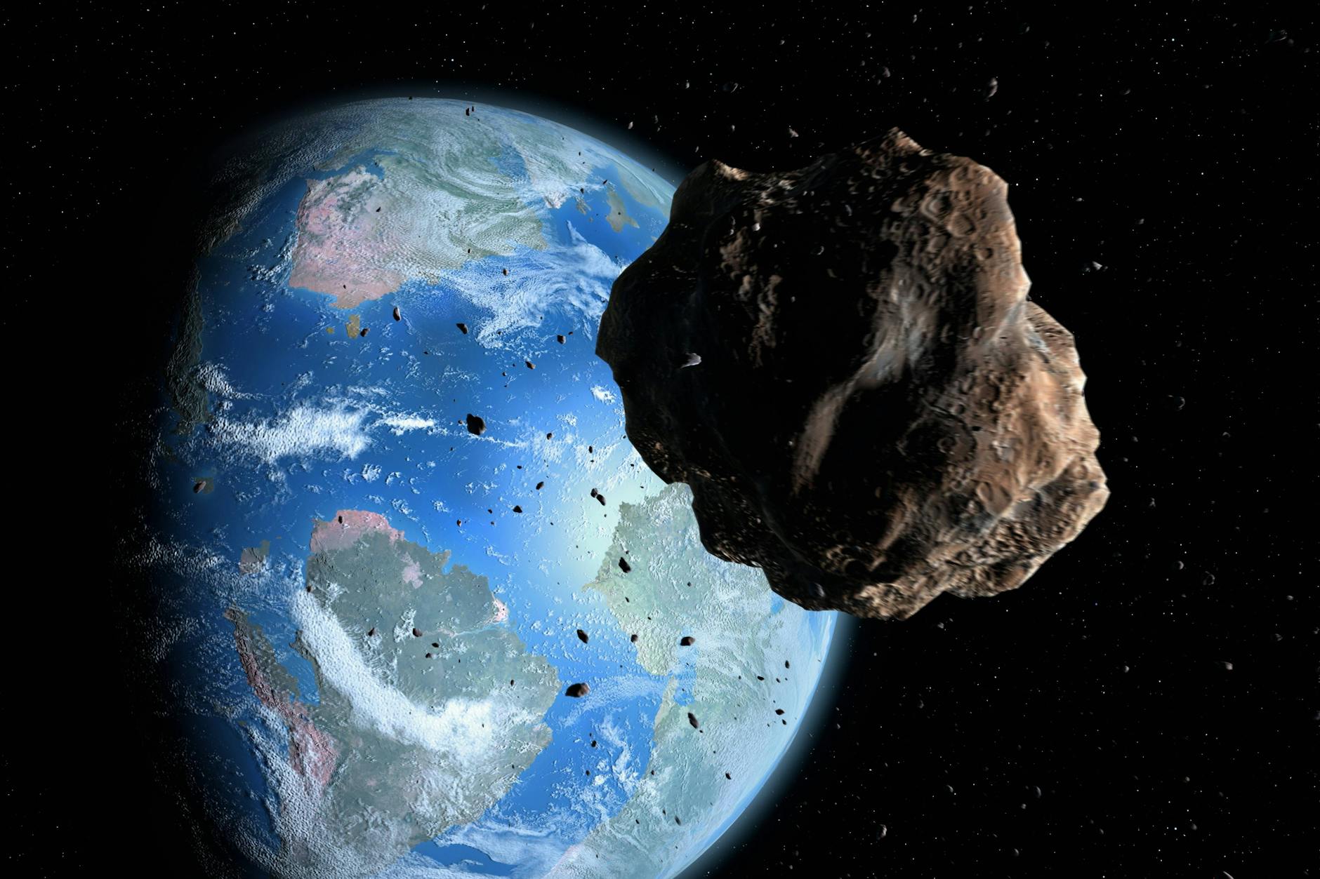 Die Illustration zeigt einen Asteroiden, der sich der Erde nähert.