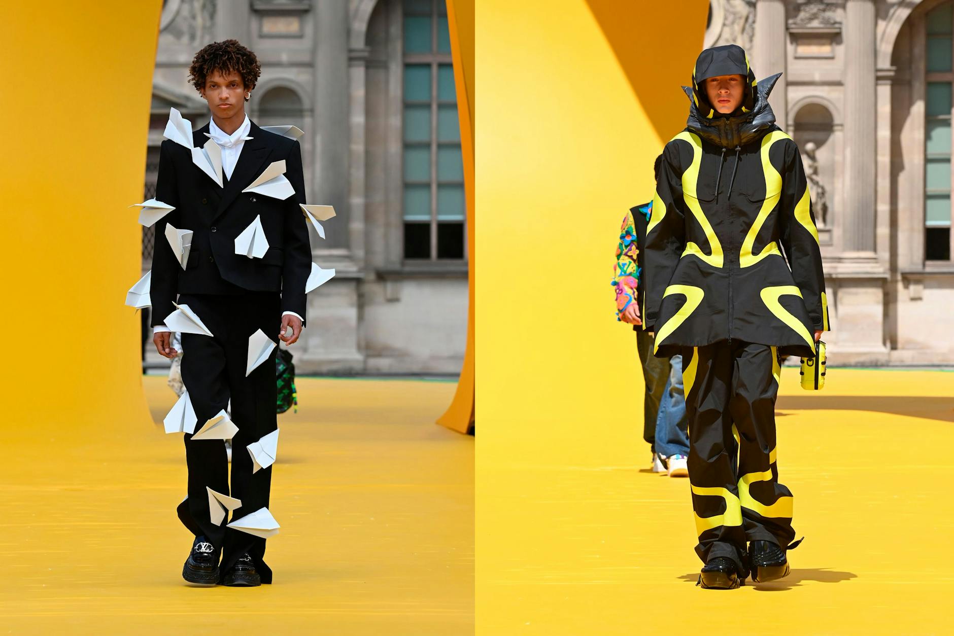 Die neue Linie von Louis Vuitton: Die symbolischen Papierflugzeuge kehren wieder. Rechts läuft der Berliner Oskar Helmbold.