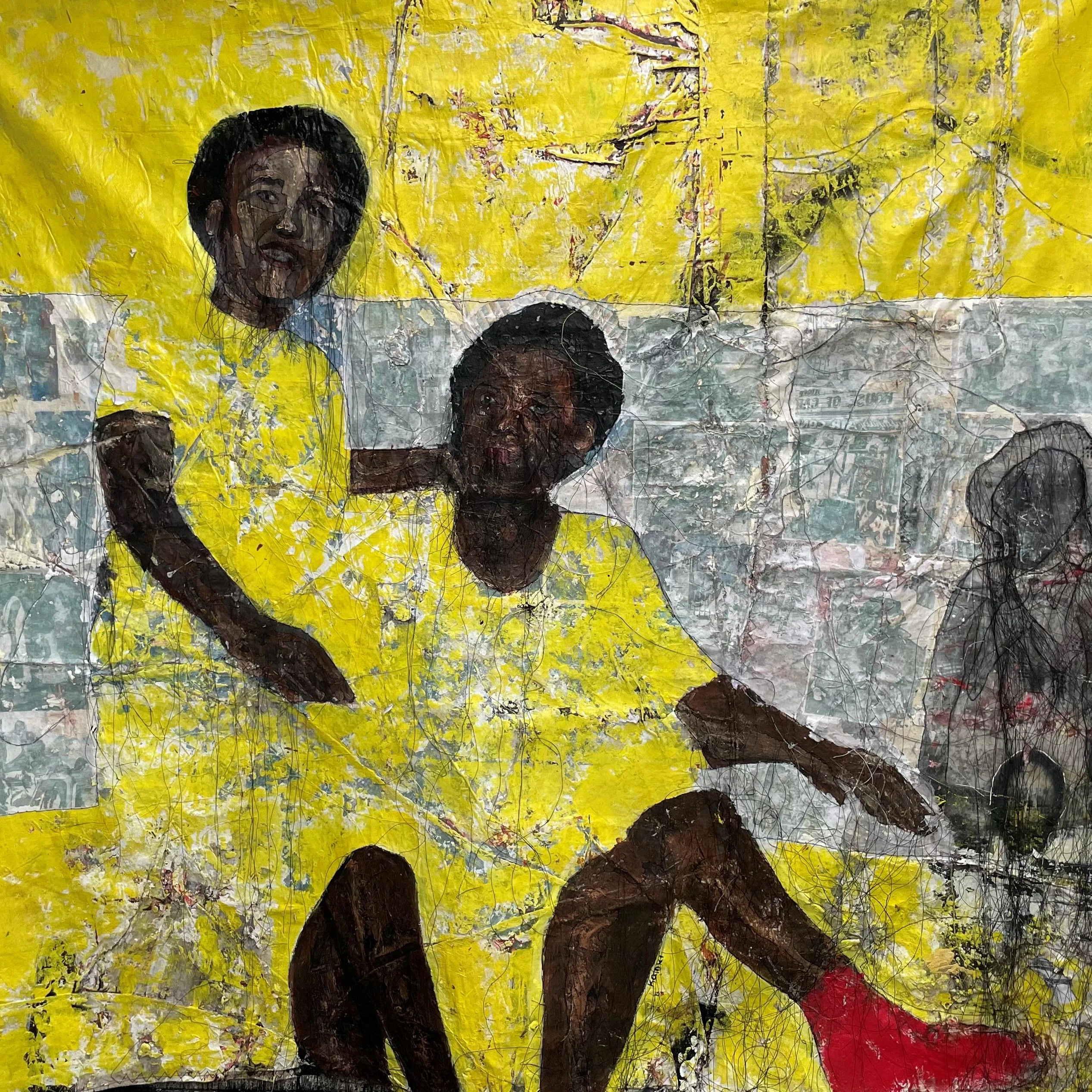 Kaloki Nyamai: „Vandu Vala Twekala“, 2022, Mixed media, Acryl, Collage, Stickerei auf Leinwand