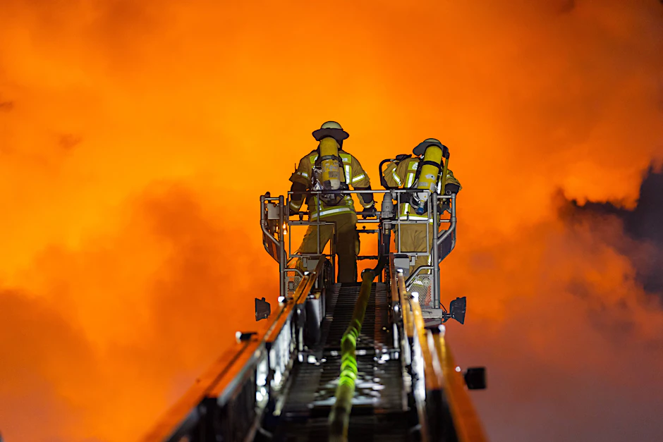 Berliner Feuerwehrleiter löschen von einer Drehleiter aus einen Dachstuhlbrand (Symbolbild).&nbsp;