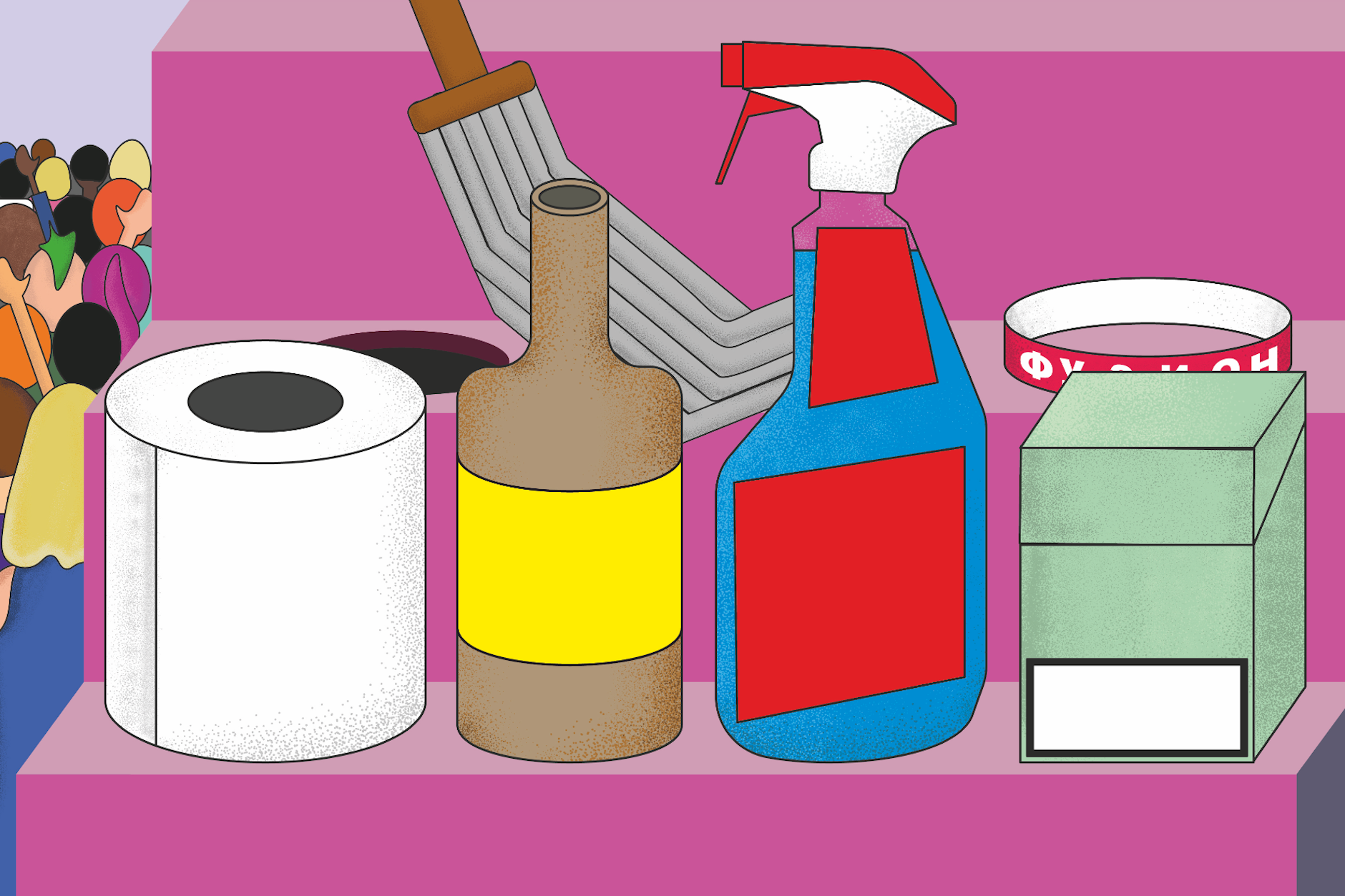 Die vier wichtigsten Festival-Utensilien für die Crew: Klopapier, Alkohol, Putzmittel und Zigaretten.