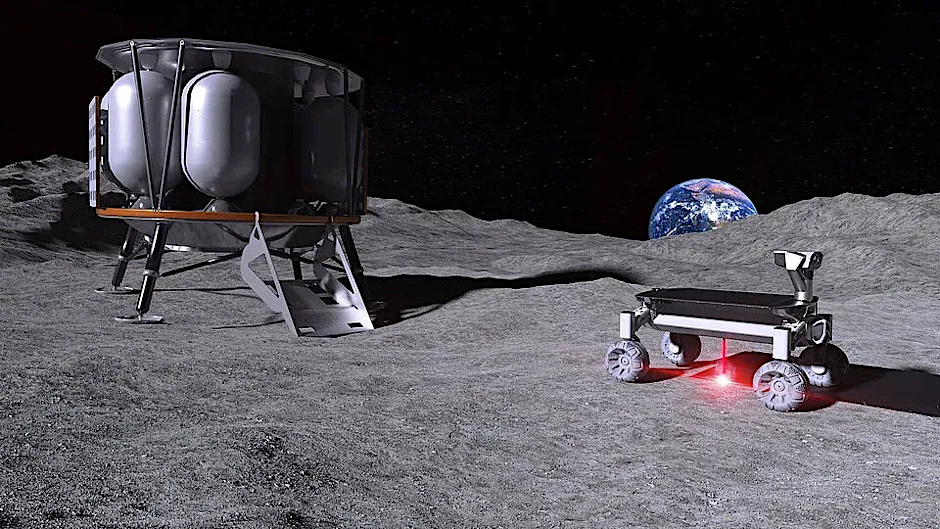 So stellt sich der Grafiker die künftige Mission der TU Berlin vor. Der Laser soll mit einem Landeapparat auf dem Mond landen und dort vor Ort Mondgestein aufschmelzen. Eine Kamera soll Bilder auf die Erde senden, die mithilfe Künstlicher Intelligenz ausgewertet werden.