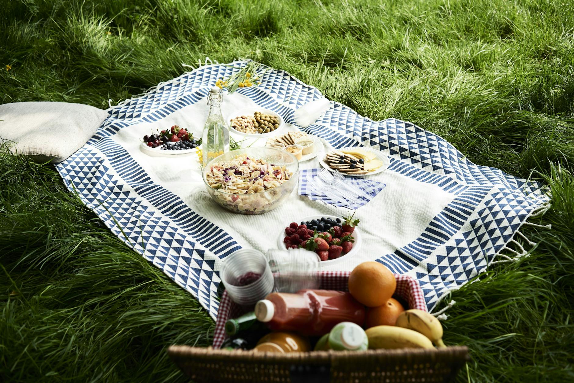 Zu einem Ausflug, einem Grillfest oder einfach zu einem Picknick gehört ein Nudelsalat. Hier auf er Picknickdecke in der Variante mit Farfalle.
