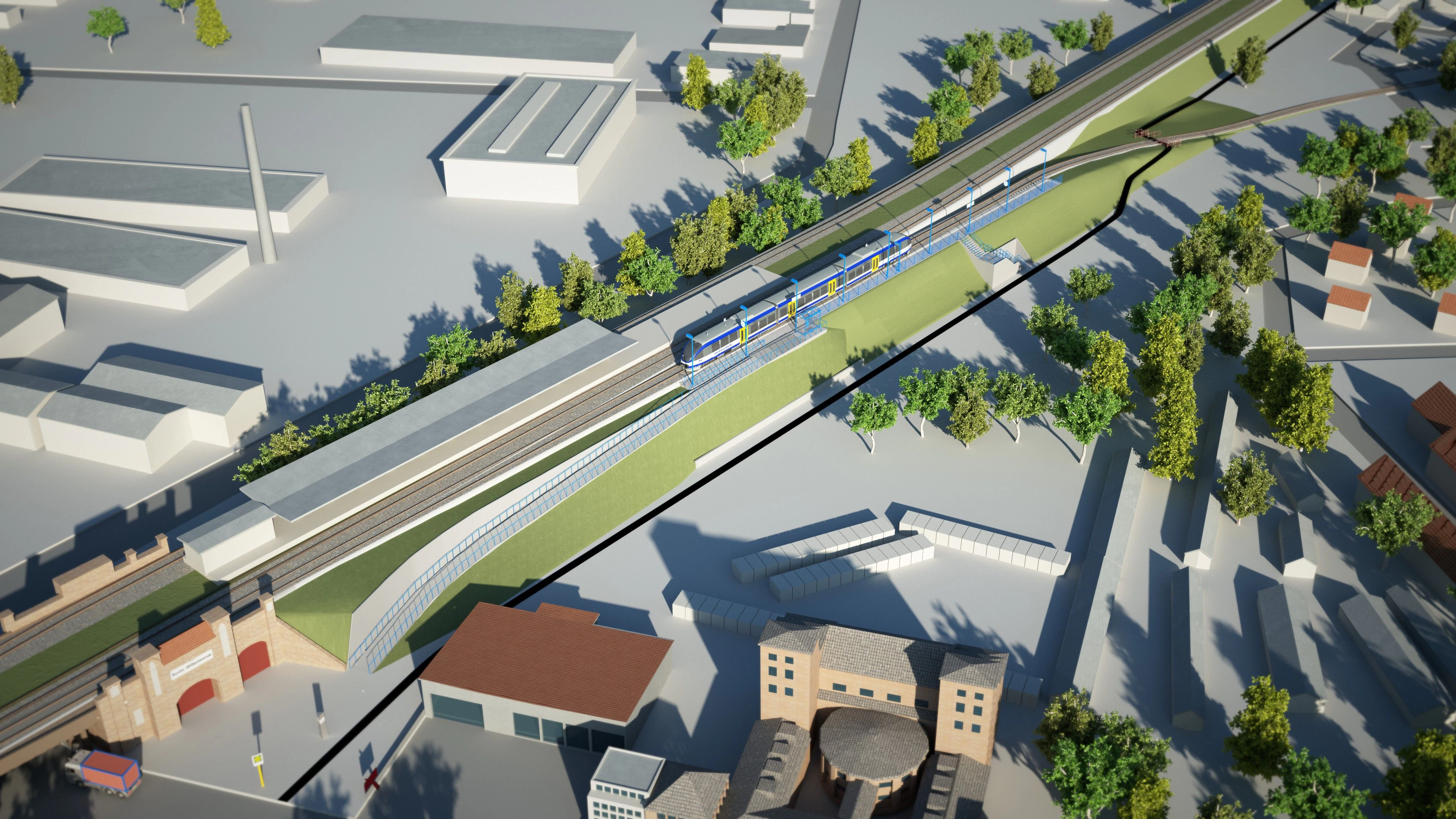 So soll der geplante Bahnhof Wilhelmsruh im Norden Berlins aussehen. Der 140 Meter lange Bahnsteig und das einzige Gleis werden auf einem Damm liegen. Über eine Treppe und eine Rampe gelangen die Fahrgäste zur S-Bahn-Station Wilhelmsruh (links). Die S1 und die S26 bringen die Fahrgäste ins Zentrum und andere Teile Berlins.