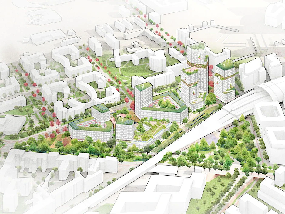 Mit viel Grün: Blick auf das geplante ULAP-Quartier in Mitte. Neben dem Hauptbahnhof (rechts im Bild) sind Hochhäuser geplant. Richtung Alt-Moabit verringert sich die Höhe der geplanten Bauten.