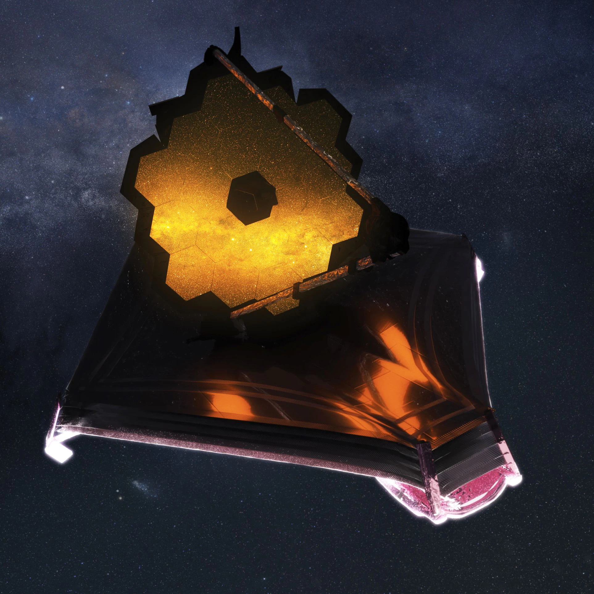 Diese Illustration zeigt das James-Webb-Weltraumteleskop vollständig entfaltet im Weltraum. 