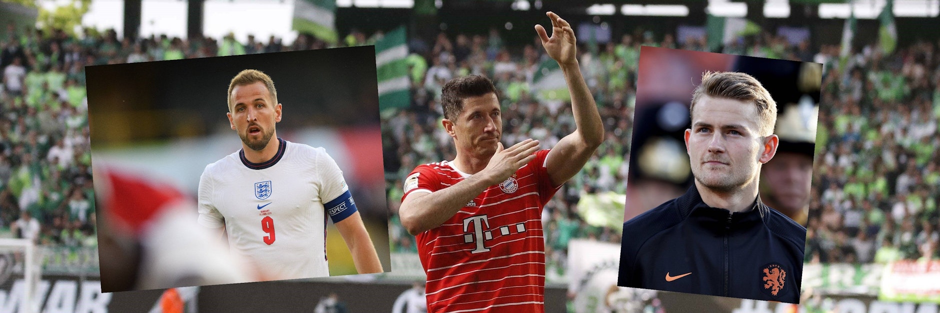Robert Lewandowski (M.) will das Trikot des FC Bayern nicht mehr tragen. Tottenhams Harry Kane (l.) gilt als Ersatz, auch Juve-Verteidiger Matthijs de Ligt soll kommen.