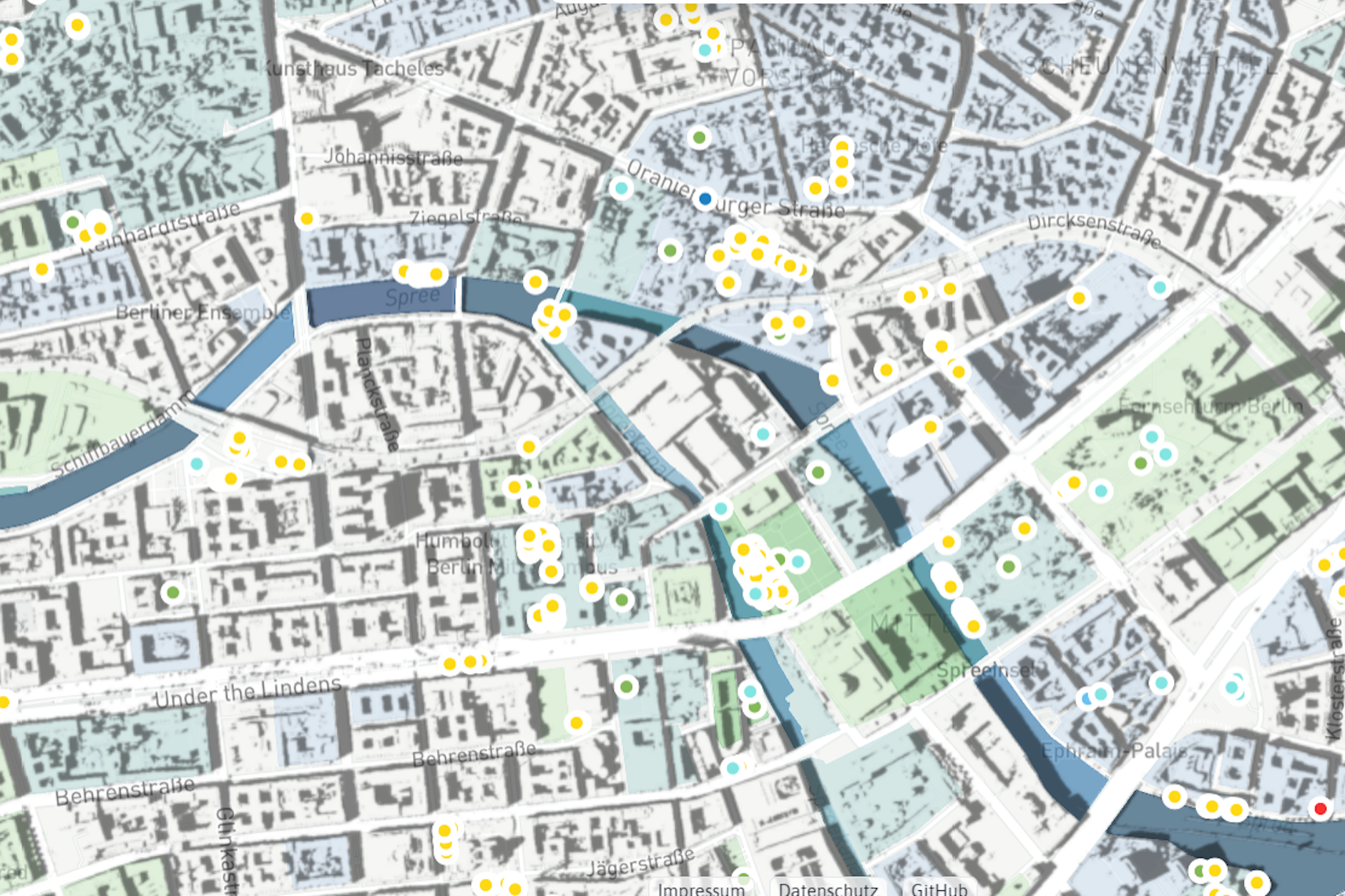 Die Erfrischungskarte zeigt kühle und schattige Orte in Berlin, aber auch Brunnen und Sitzgelegenheiten.