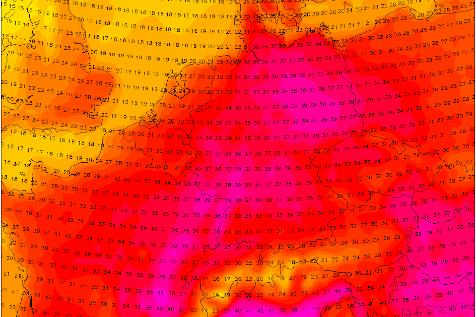 Höchstwerte am kommenden Montag. Auf der Karte erscheinen bis zu 39 Grad, regional können das auch 40 oder 41 Grad werden. Die Hitze kommt schnell wieder zurück.