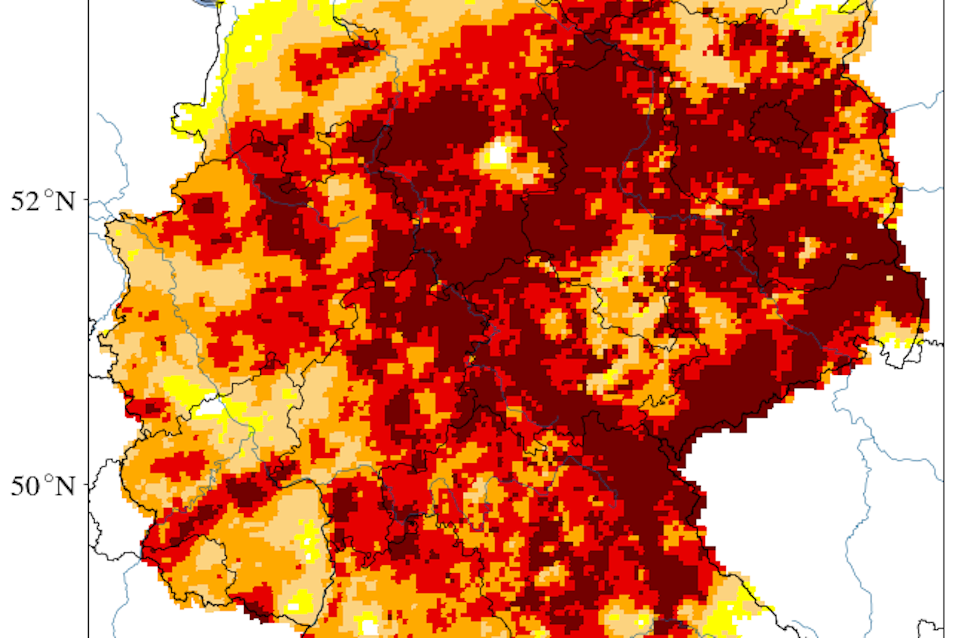 Trockene Böden bis in 1,8 Meter Tiefe: Dunkelrot signalisiert eine außergewöhnliche Dürre. Vor allem in Ostdeutschland sind weite Landesteile so eingefärbt.