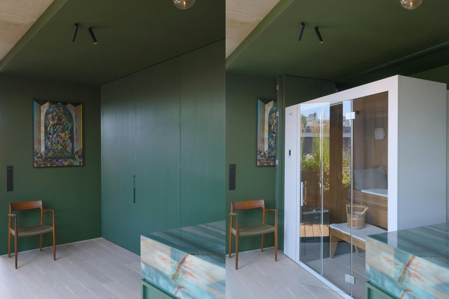 Wellness-Oase auf Knopfdruck: Hinter den Ziehharmonika-Türen befindet sich eine kleine, ausfahrbare Sauna.