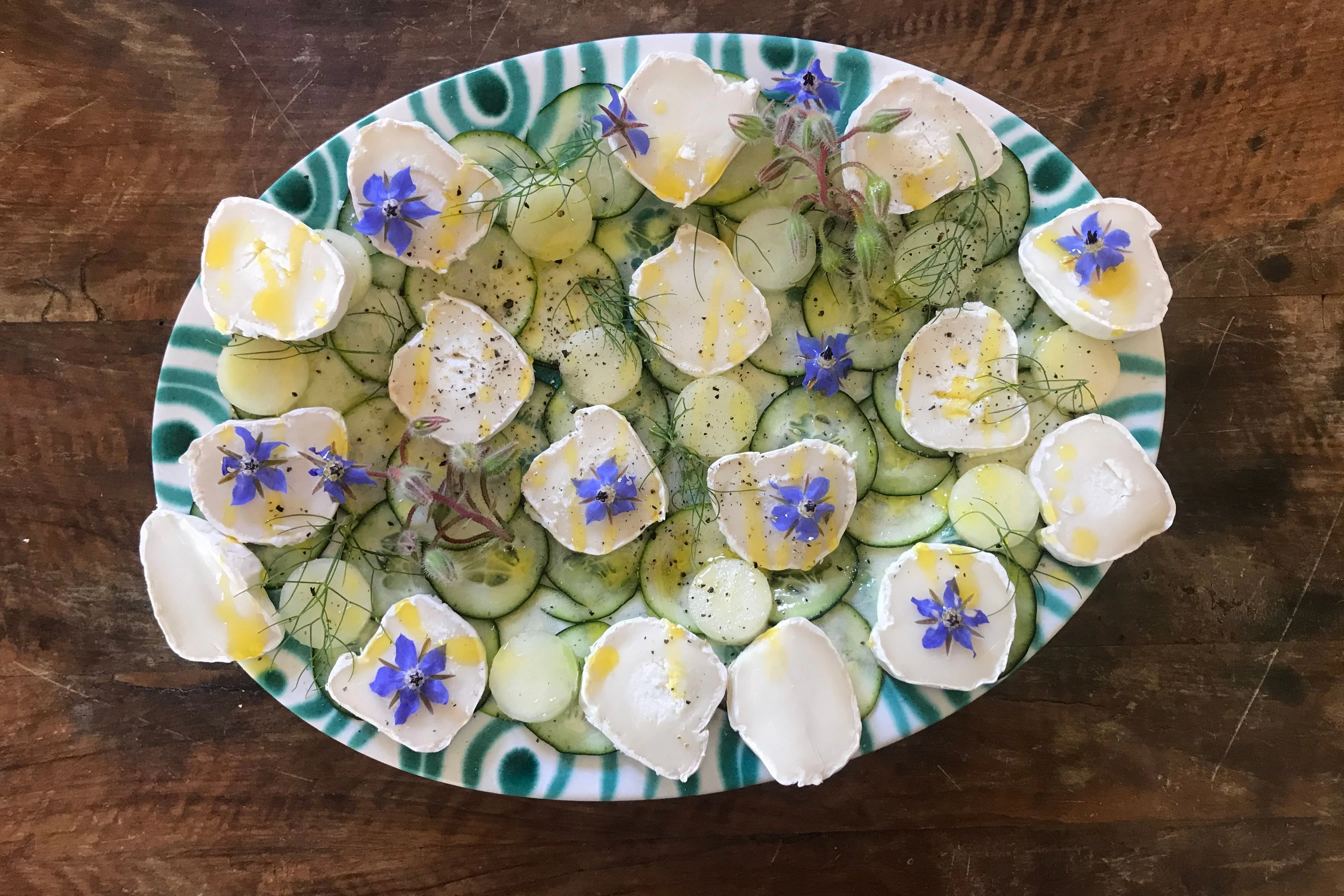 Das Ergebnis:&nbsp;Zucchini, Melone mit Ziegenfrischkäse, Fenchelkraut und Estragon.