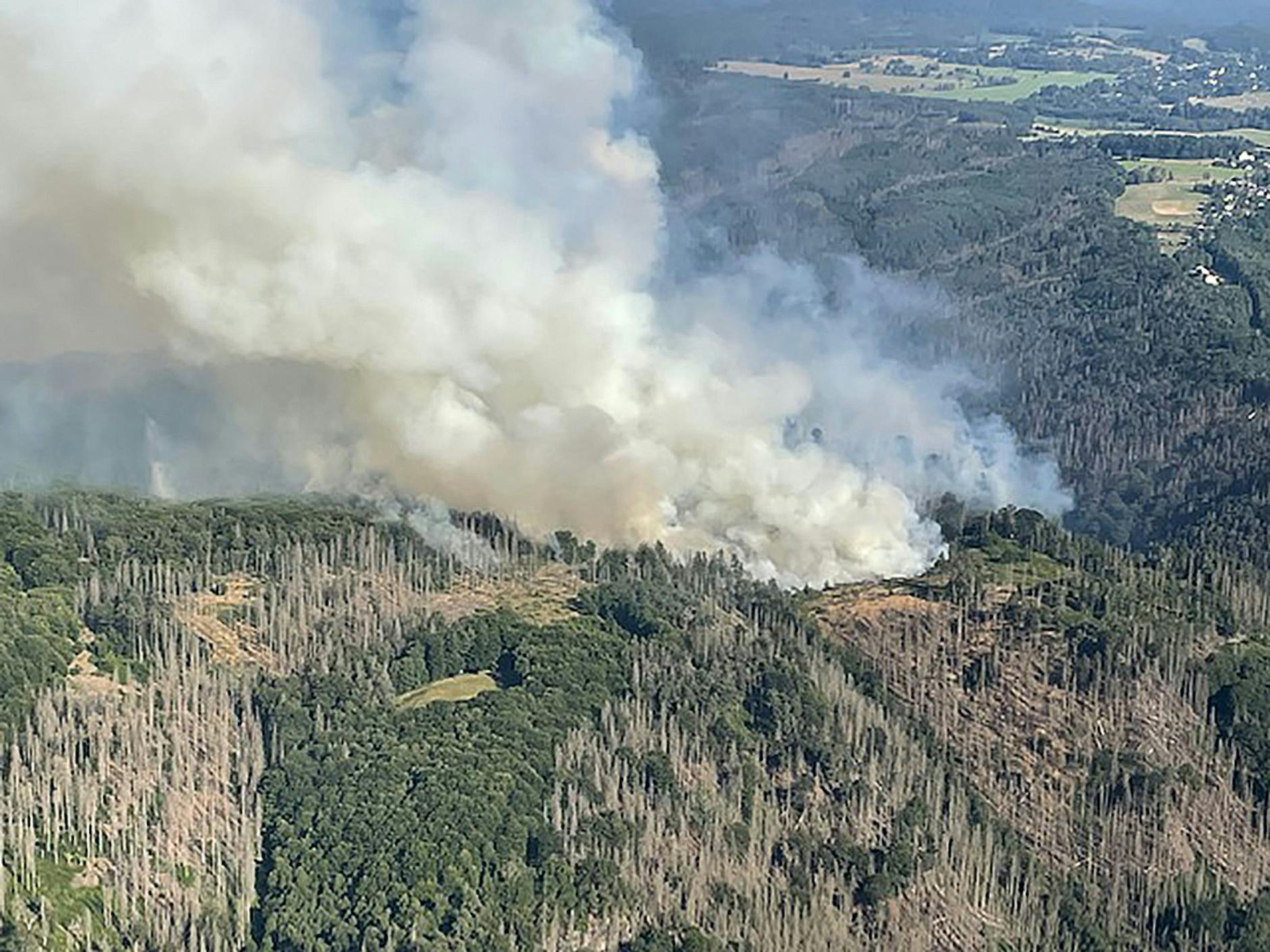 HANDOUT - Rauch steigt von einem Waldbrand aus dem Wald im Nationalpark Sächsische Schweiz auf. hsische Schweiz-Osterzgebirge/dpa