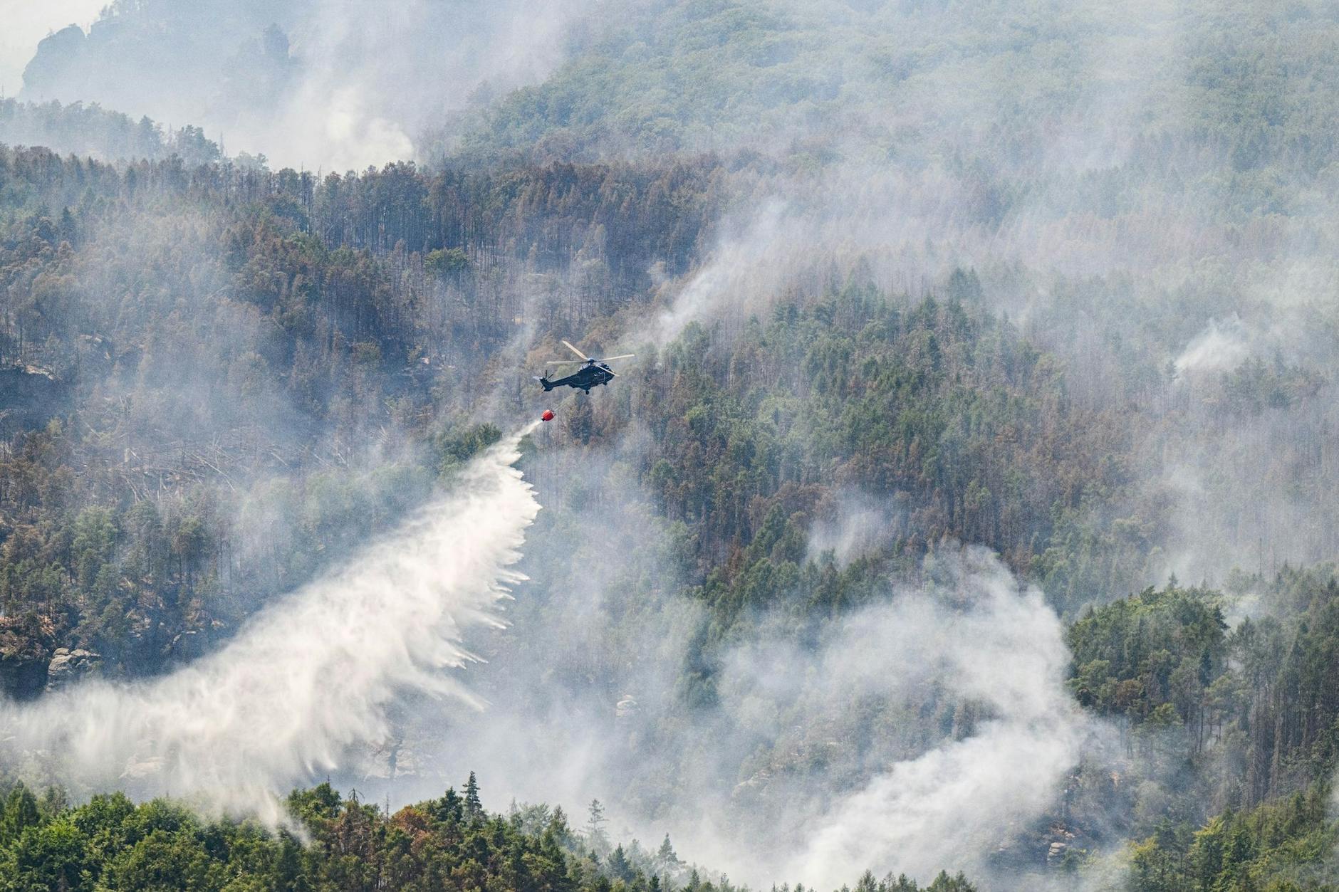 Ein Lösch-Hubschrauber der Bundespolizei über dem Waldbrand im Nationalpark Sächsische Schweiz.