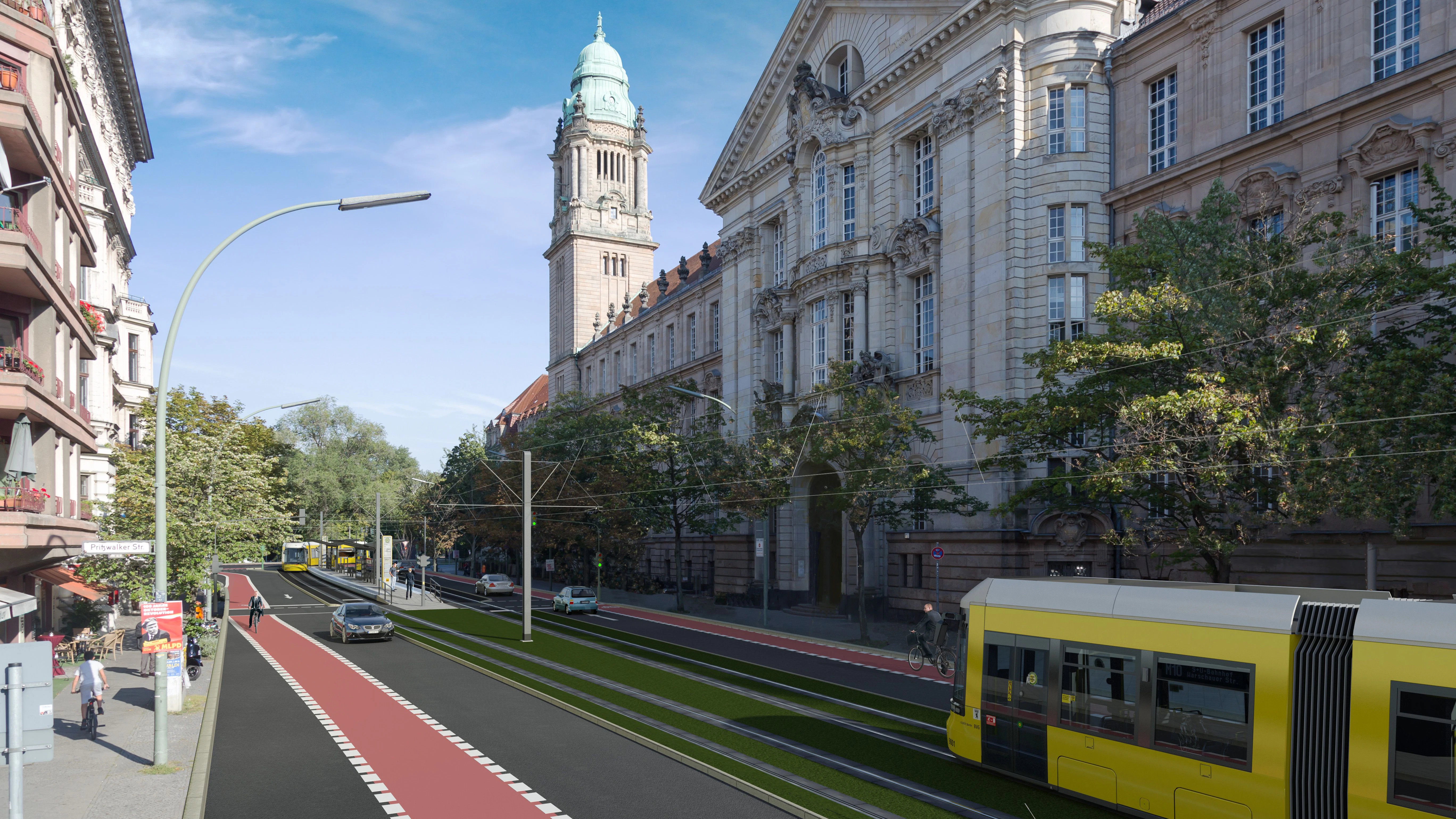 Immerhin, dieses Straßenbahnprojekt erreicht bald die Zielgerade. Im Juni 2023 soll die Trasse vom Hauptbahnhof zur Turmstraße in Betrieb gehen. Die Visualisierung zeigt die M10 vor dem Kriminalgericht Moabit.