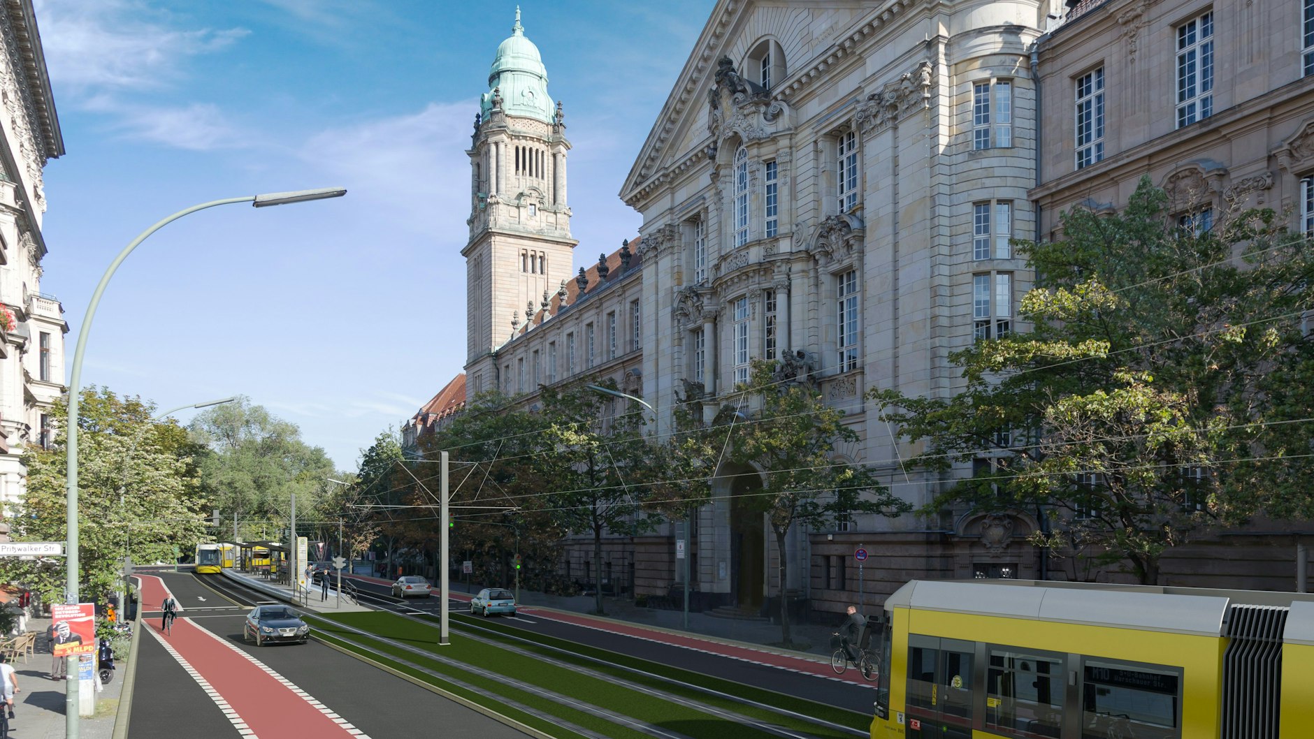 Vor dem Kriminalgericht wird die M10 auf begrünten Gleisen fahren. Weil der Mittelstreifen der Turmstraße für die Tram breiter werden muss, steht statt zwei künftig nur noch eine Fahrspur pro Richtung zur Verfügung.