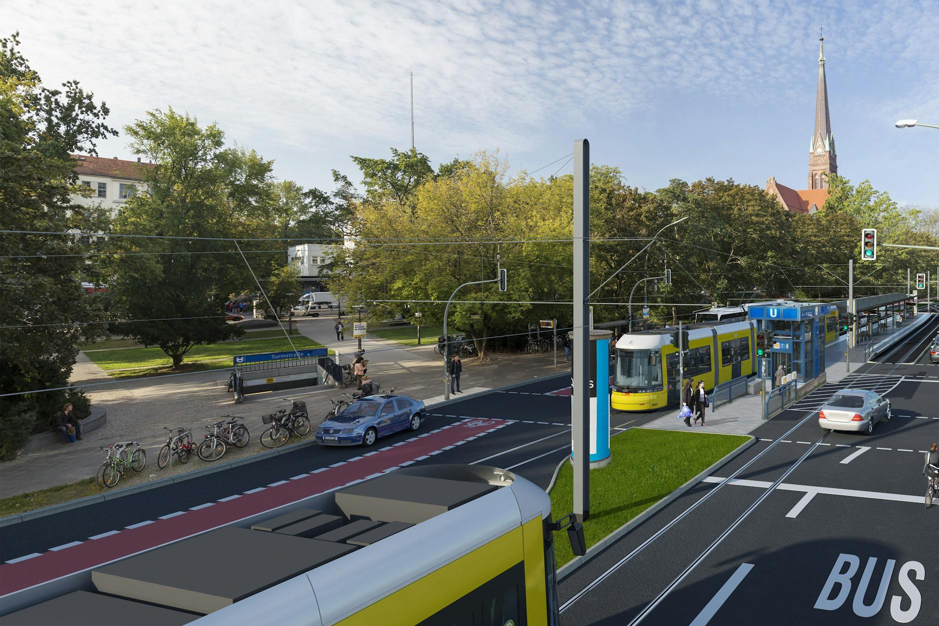 Die geplante Haltestelle U-Bahnhof Turmstraße, vorläufige Endstation der Neubaustrecke. Vor der Kulisse der Heilandkirche enden die Bahnen der Linie M10 und fahren zurück zum U- und S-Bahnhof Warschauer Straße.