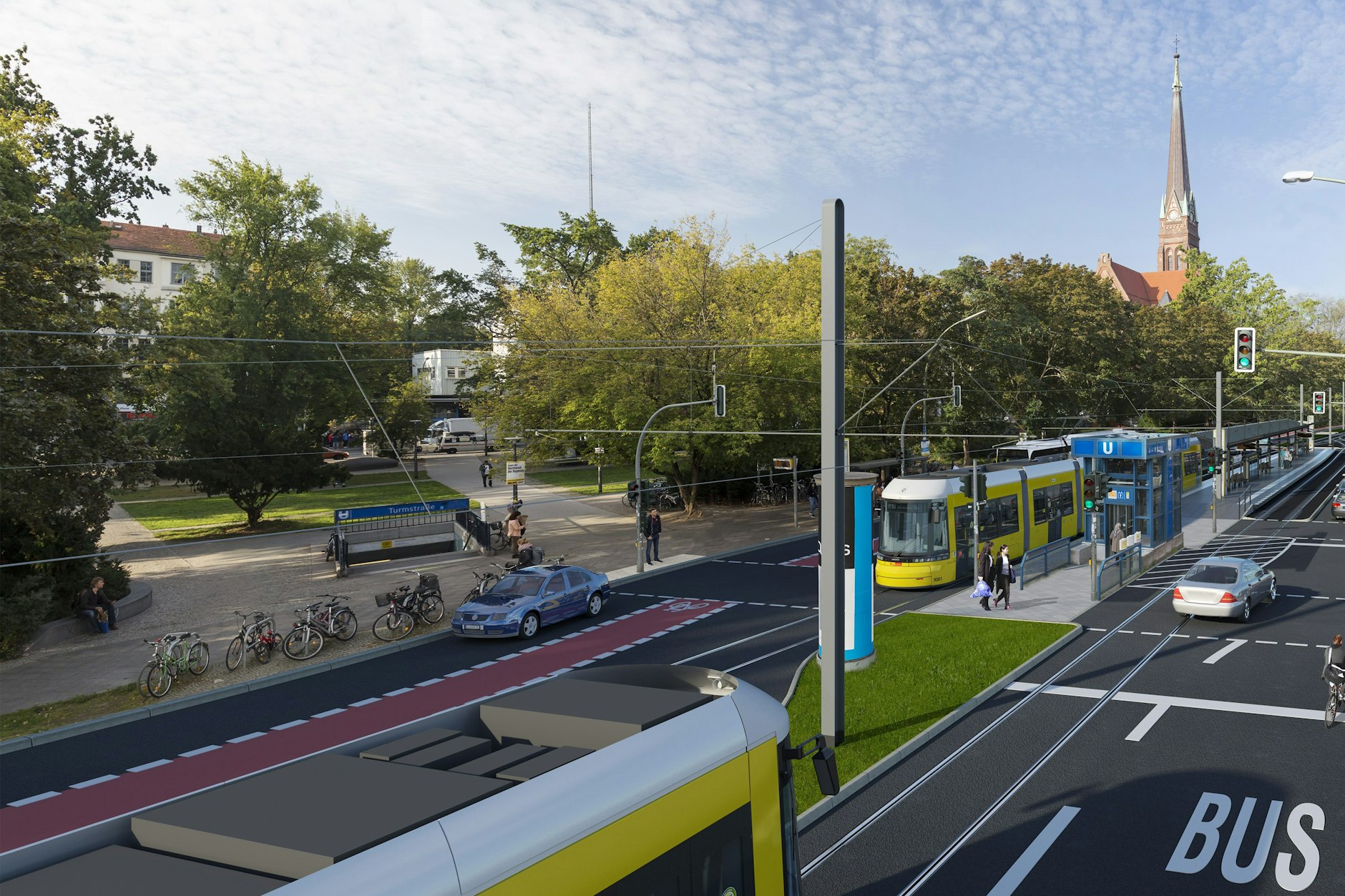 Die geplante Haltestelle U-Bahnhof Turmstraße, vorläufige Endstation der Neubaustrecke. Vor der Kulisse der Heilandkirche enden die Bahnen der Linie M10 und fahren zurück zum U- und S-Bahnhof Warschauer Straße.