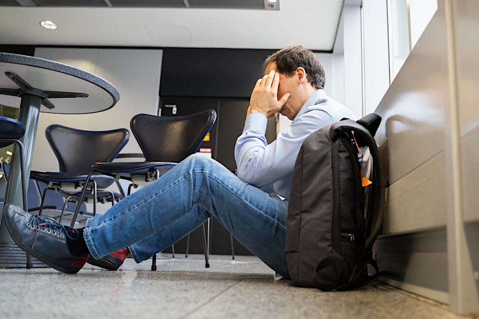 Ein Mann sitzt verzweifelt am Flughafen. (Symbolbild)