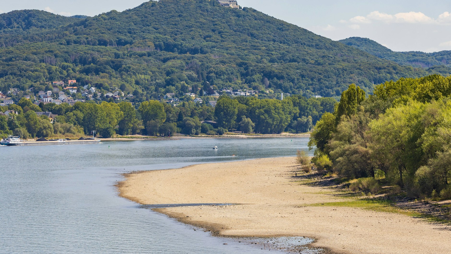 Niedrigwasser dank Dürre-Wetter am Rhein: Aufgrund des akuten Regenmangels werden am Ufer großflächiger Sand- und Kiesflächen freigelegt. Die Binnenschifffahrt ist stark eingeschränkt.