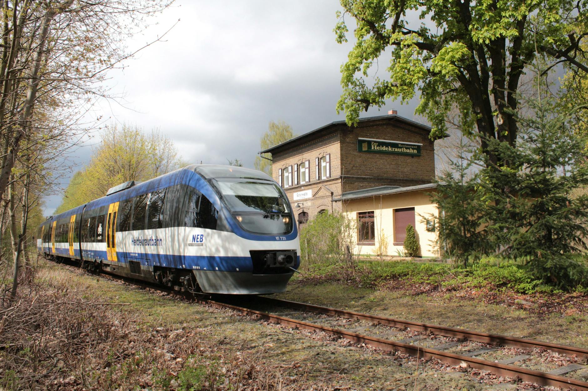 Ein Dieseltriebwagen auf Sonderfahrt passiert eine der alten Stationen an der Stammstrecke der Heidekrautbahn. Künftig sollen hier Wasserstoffzüge fahren und an modernen Bahnsteigen halten.