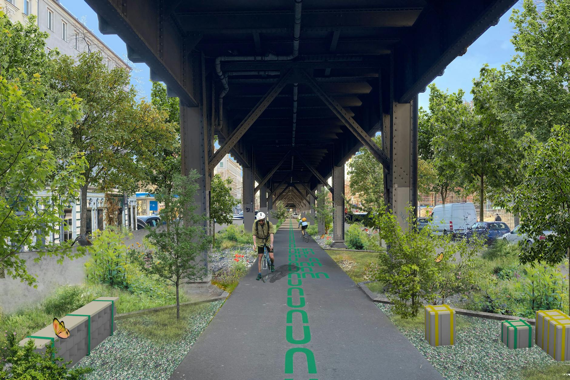 Die Simulation zeigt den geplanten Radweg unter dem Viadukt. Doch an vielen Stellen fehle Platz, gibt der ADFC zu bedenken. Eine Studie für den Senat schlägt vor, den Radweg auf die nördliche Fahrbahnhälfte zu verlegen.