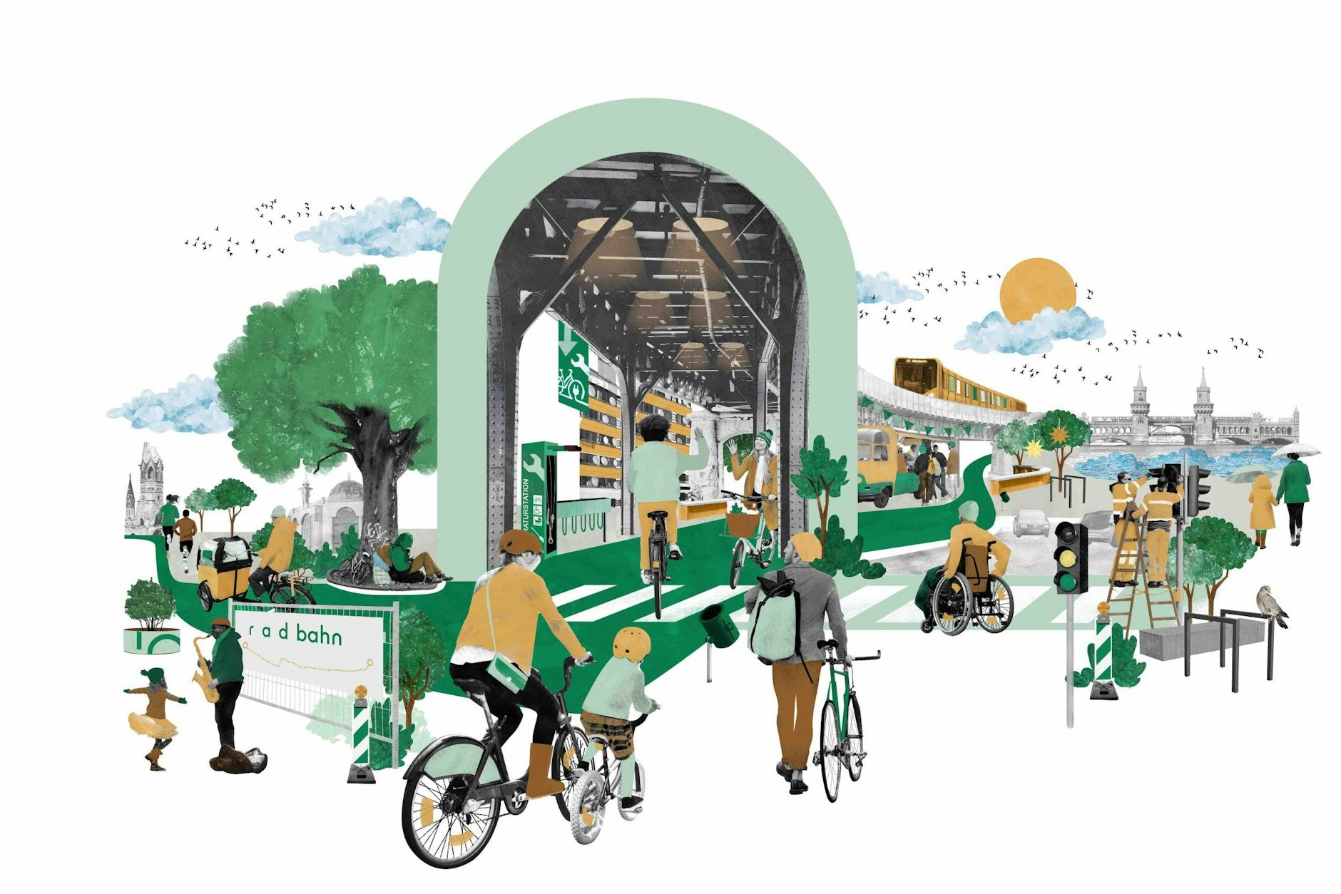 Ideen für die Stadt: Die Zeichnung zeigt, wie der Bereich unter dem Kreuzberger Hochbahnviadukt der Linie U1 umgestaltet werden könnte.