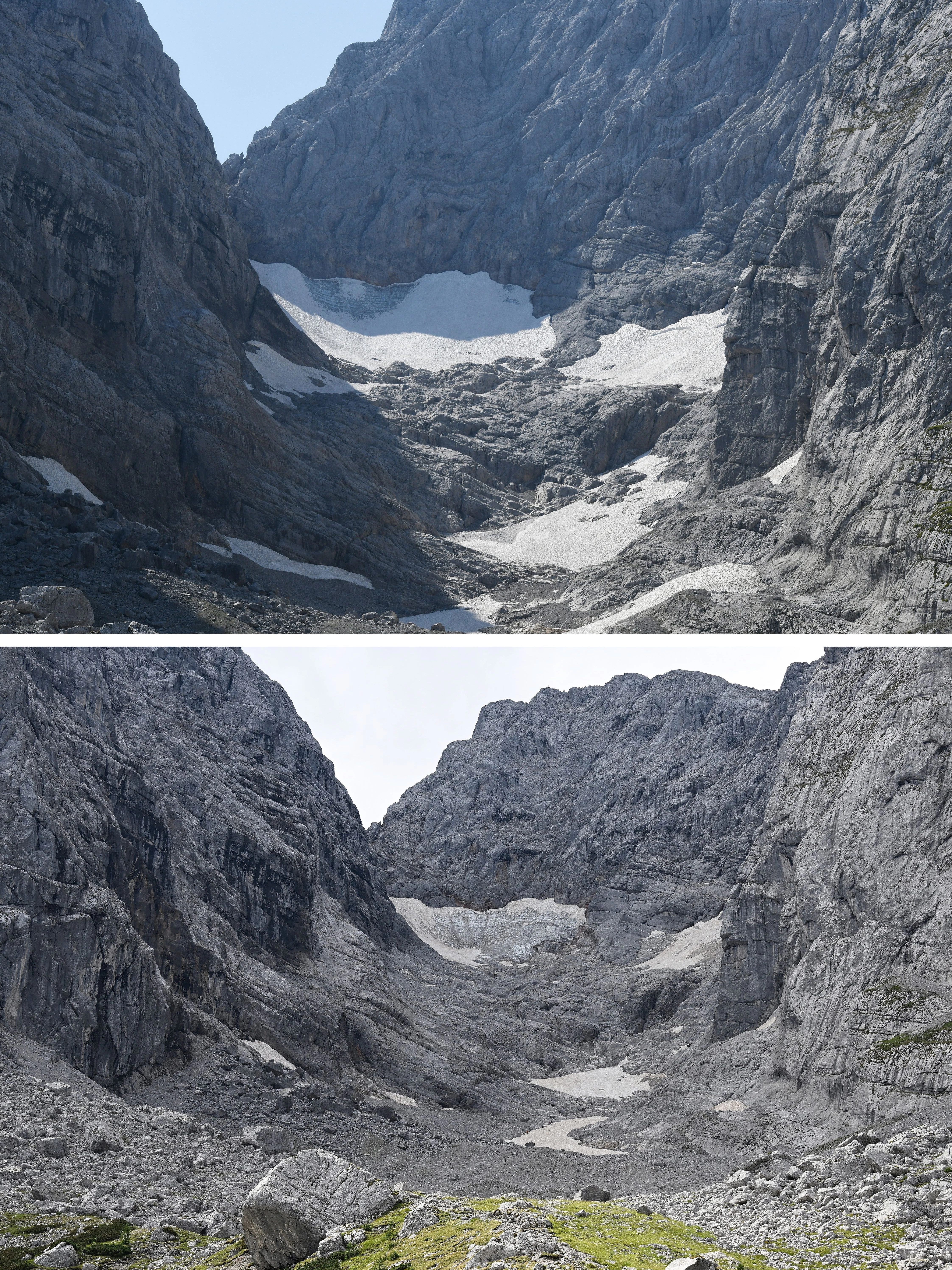 Bayern, Hintersee: Der Blaueisferner aufgenommen 13.08.2021 (oben) und 01.08.2022(unten).