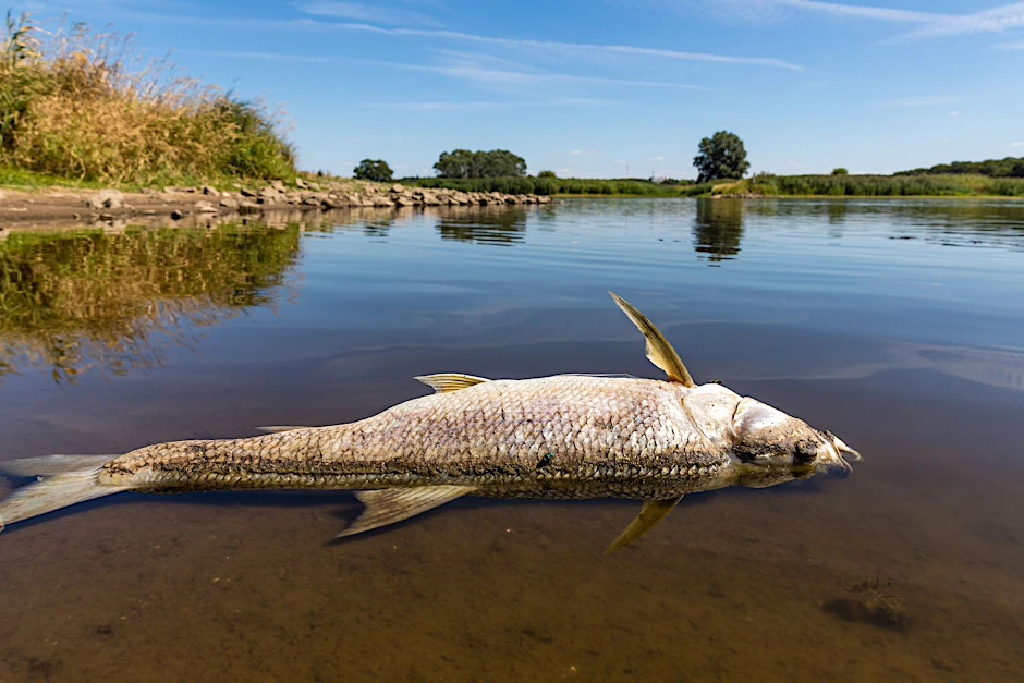 dpatopbilder - In Höhe der Insel Ziegenwerder in Frankfurt (Oder) liegt ein toter Fisch am Ufer der Oder.  