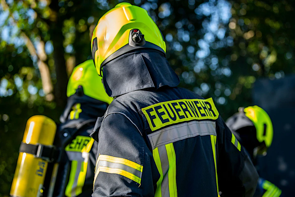 Feuerwehrleute stehen zusammen, um den Einsatz zu besprechen.  