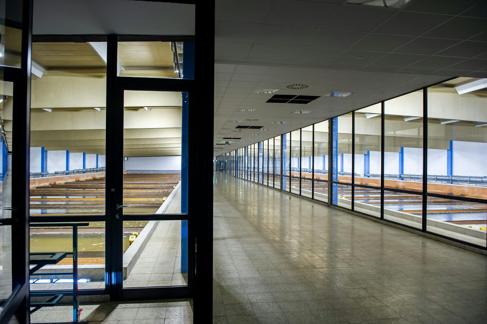 Sieht fast aus wie eine Schwimmhalle: In den 20 Doppelbecken links und rechts wird das frische Wasser aus dem Boden gereinigt, in dem es durch Sand sickert.