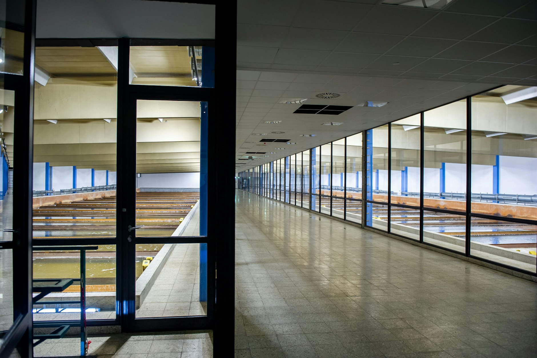 Sieht fast aus wie eine Schwimmhalle: In den 20 Doppelbecken links und rechts wird das frische Wasser aus dem Boden gereinigt, in dem es durch Sand sickert.