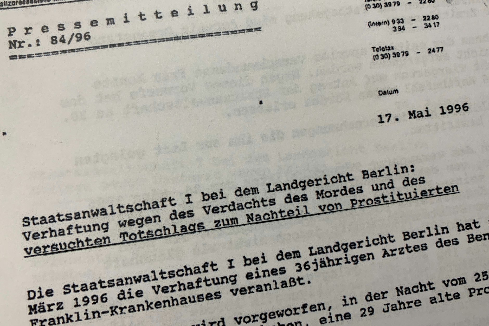 Das Fax der Staatsanwaltschaft mit der Mitteilung von der Verhaftung eines 36-jährigen Arztes des Benjamin-Franklin-Krankenhauses.