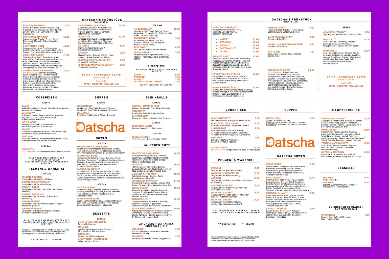 Die neue Speisekarte von Datscha wirkt im Vergleich noch zum Juni dünner.