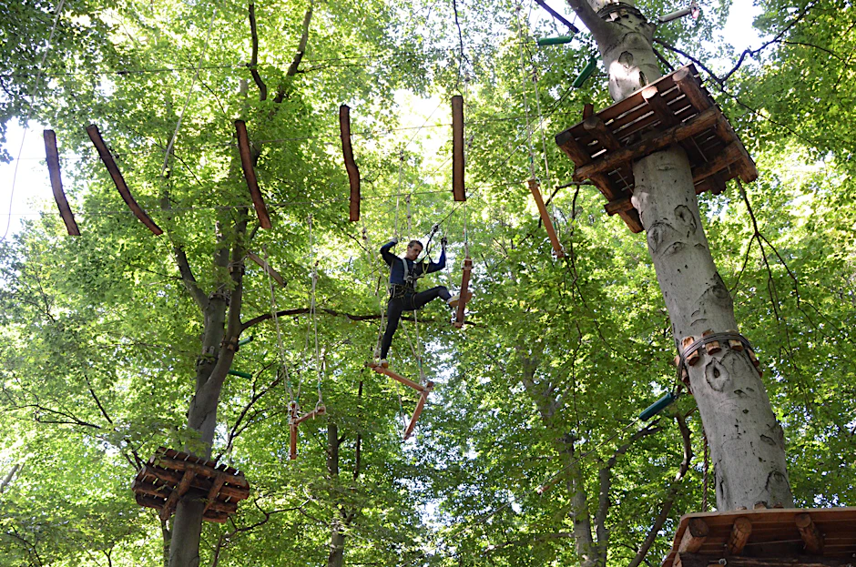 Im Waldhochseilgarten Jungfernheide trainiert man Muskeln, Hirn und Lungen.