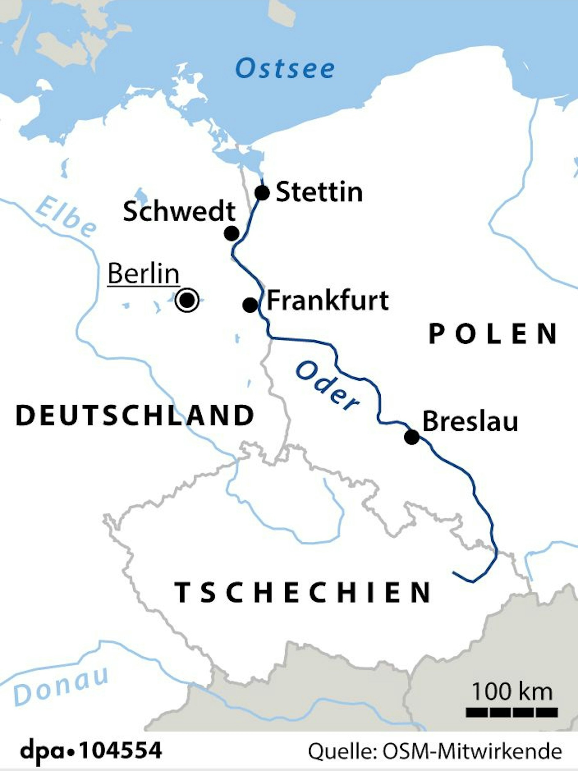 Der Verlauf der Oder: von Tschechien über Polen und Deutschland bis in die Ostsee.