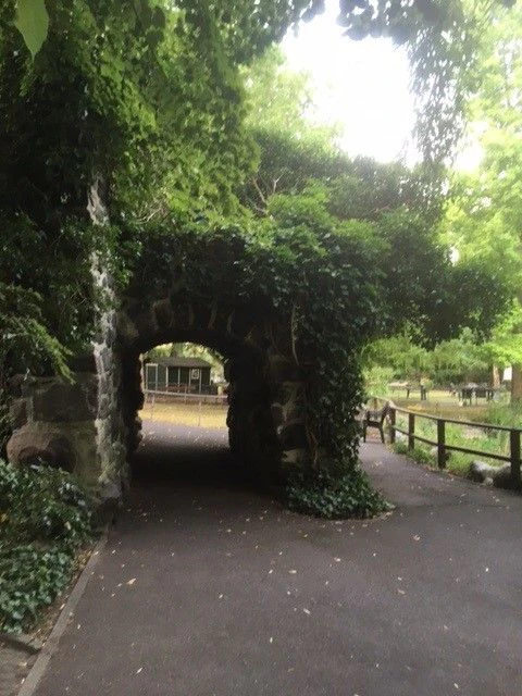 Dieser efeubewachsene Tunnel ist der einzige Überrest des Seebads Mariendorf, er war früher Teil der Grotte. Heute steht das Bauwerk aus Findlingen&nbsp; im Park eines Altenheims an der Ullsteinstraße.