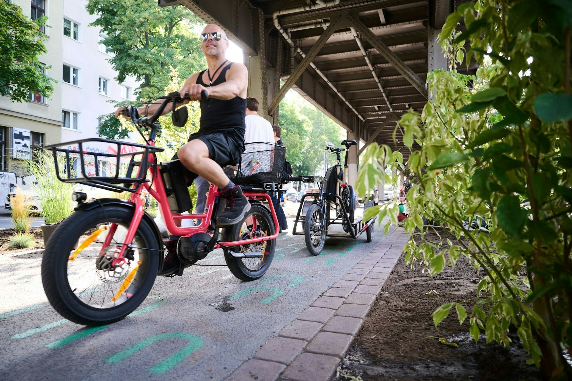 Frisch bepflanzte ehemalige Parkplätze befinden sich unter dem Viadukt. So könnte in Zukunft ein Radweg aussehen.&nbsp;