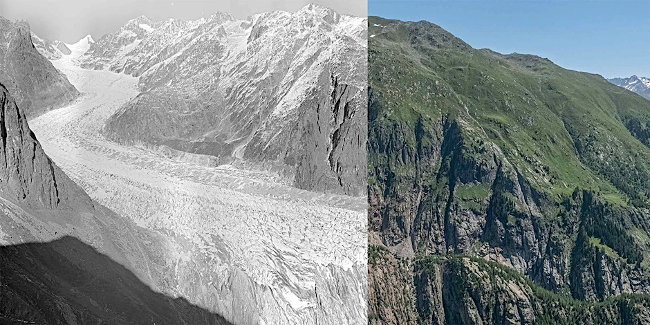HANDOUT - Der Fieschergletscher in den Jahren 1928 (l.) und 2021.  