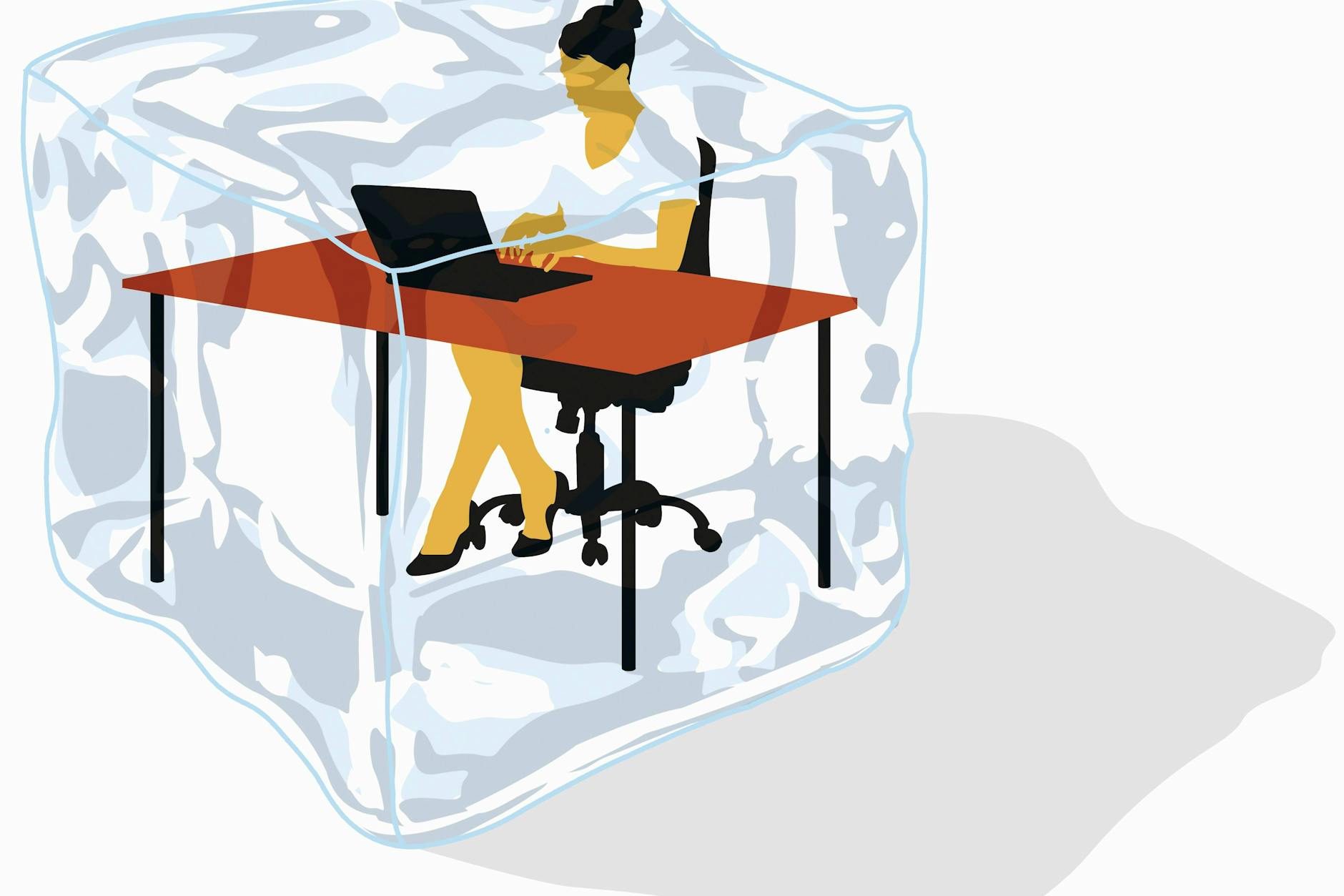Frauen frieren tendenziell schneller als Männer. Im Bild die Illustration einer Geschäftsfrau, die sich vorkommt, als arbeite sie in einem Eiswürfel.