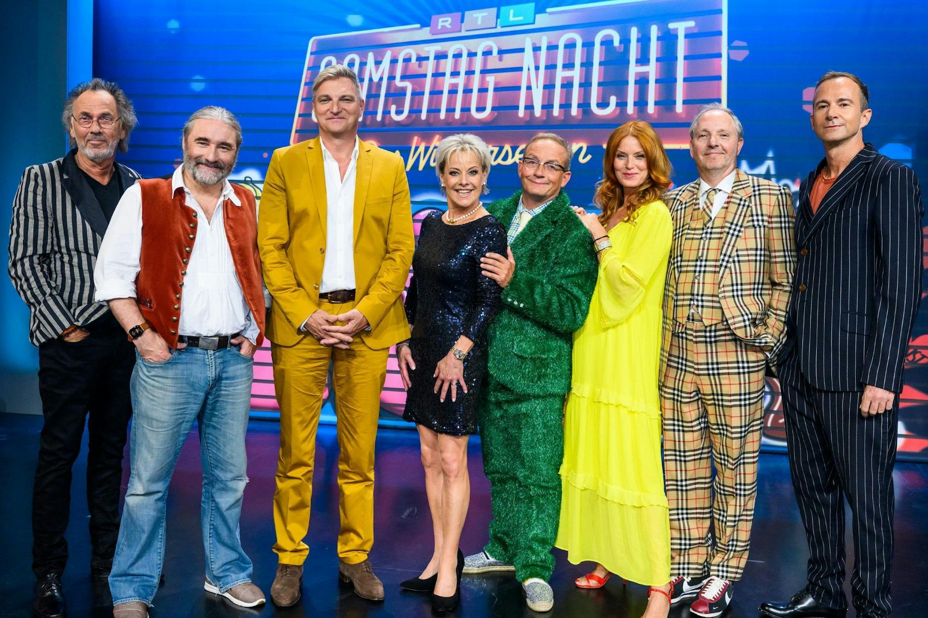 Das Wiedersehen von „RTL Samstag Nacht“: Hugo Egon Balder, Tommy Krappweis, Stefan Jürgens, Tanja Schumann, Wigald Boning, Esther Schweins, Olli Dittrich und Mark Weigel (v.l.)