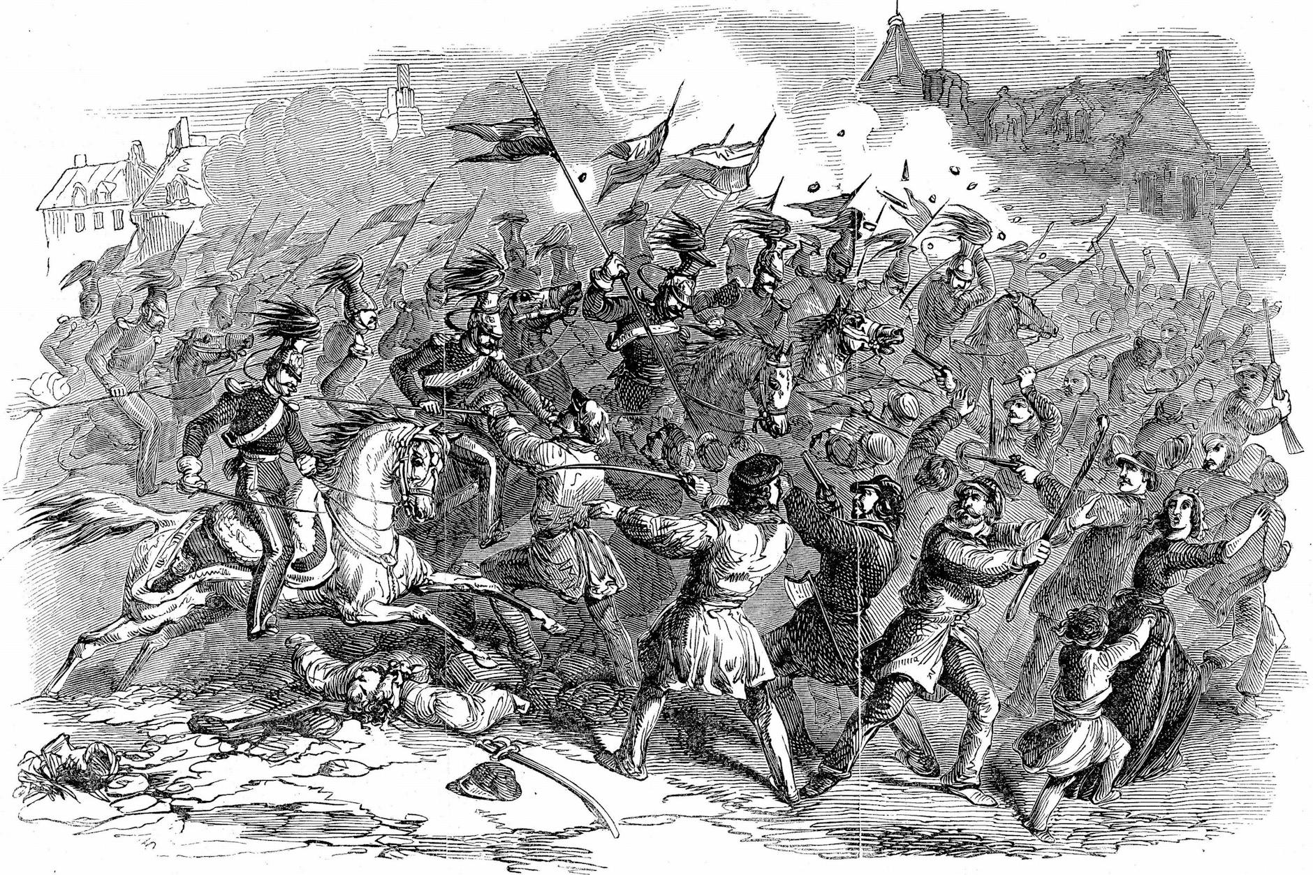 März 1948: Die Revolution bricht aus, Truppen gehen in der Breiten Straße gegen Aufständische vor.