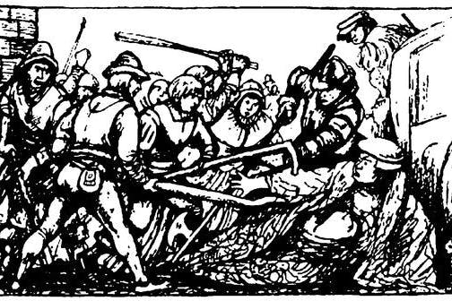 So könnte es ausgesehen haben: Berliner Bürger fallen mit Knüppeln und Hacken vor der Tür der Marienkirche, auf dem Neuen Markt, über den fülligen Kirchenmann her.