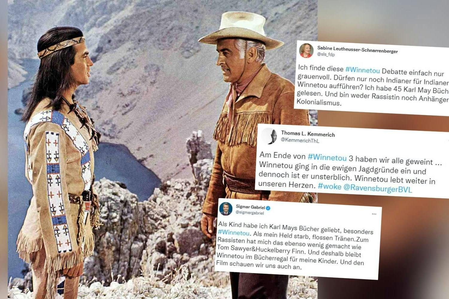 Eine Szene aus einem Winnetou-Film, dazu die Tweets deutscher Politiker.