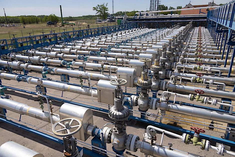 Gasleitungen mit Absperrventilen führen in einen Erdgasspeicher der Ungarischen Gasspeicher Gesellschaft im Dorf Zsana.