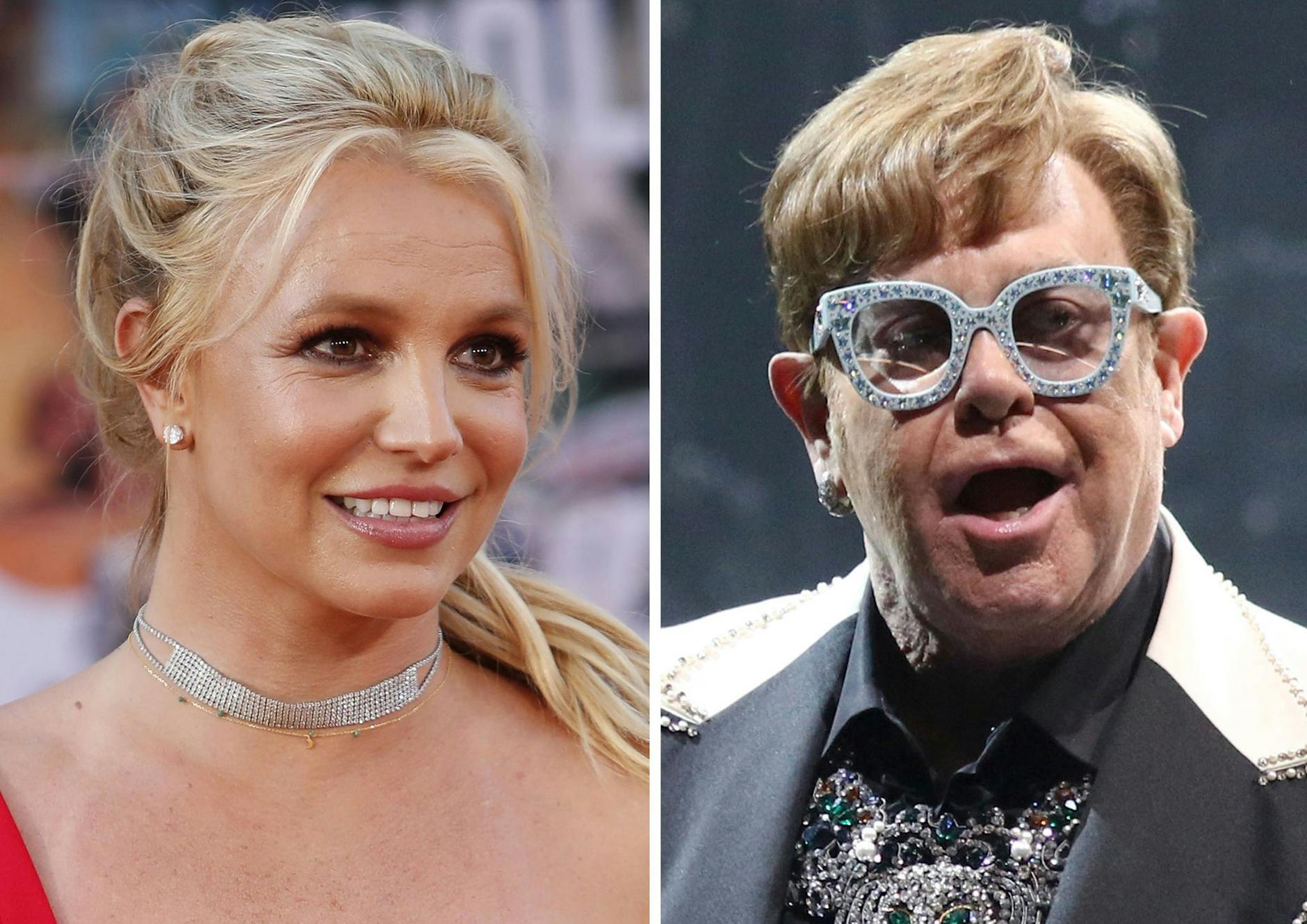 ARCHIV - US-Popstar Britney Spears (l.) und der britische Musiker Elton John.