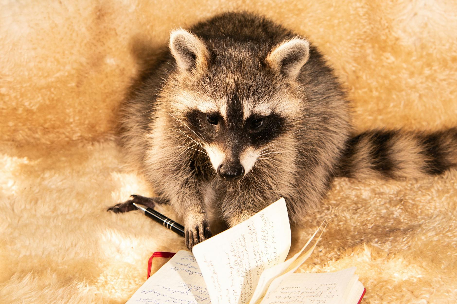 Kognitiv voll da: Waschbärin Fritzi ist vom Notizbuch der Reporterin fasziniert.