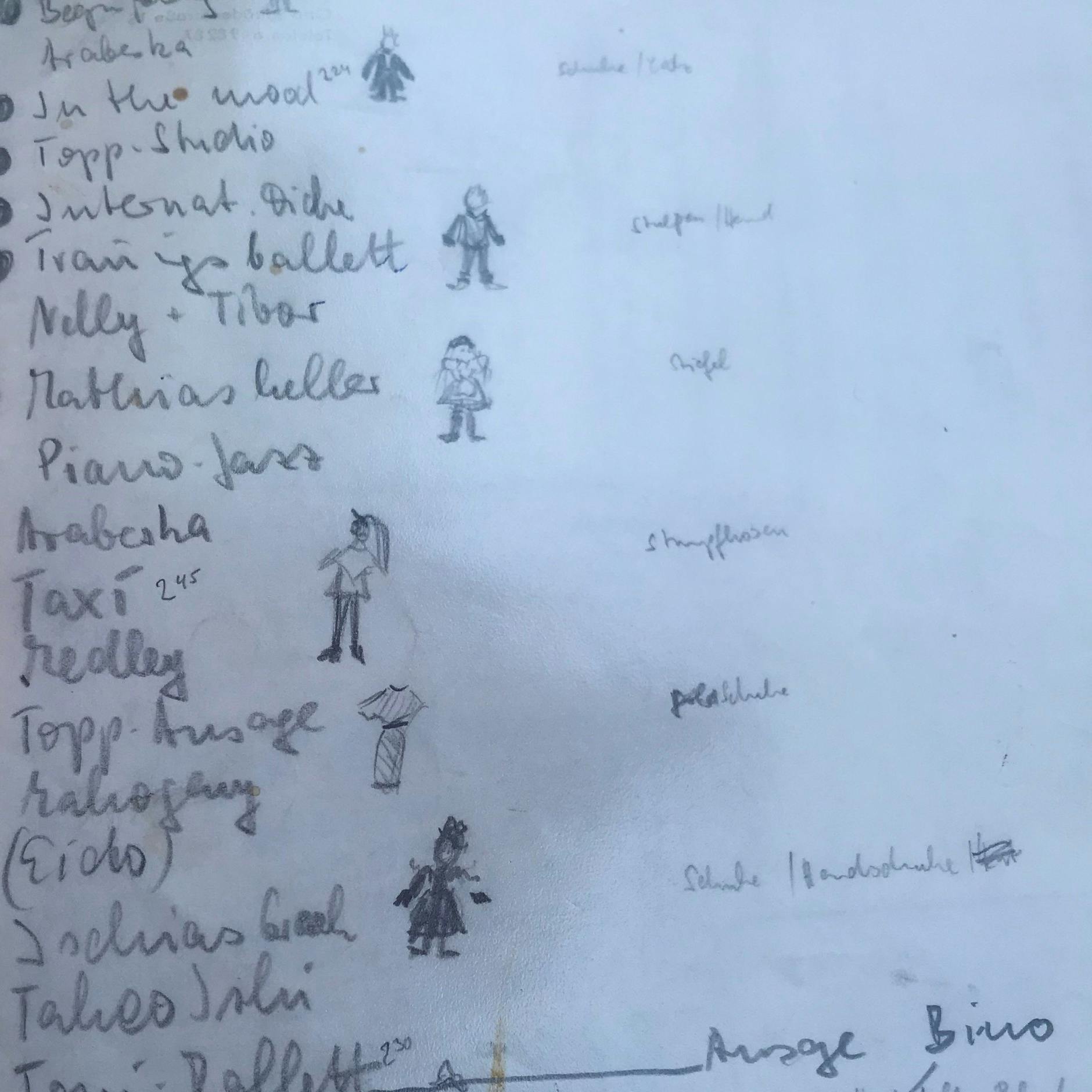 Eine Seite aus dem Sendefahrplan für die TV-Ausgabe von „Helgas Top Show“. Da bewies Henne ihr zeichnerisches Talent. Die Männeken hat sie gemalt. 