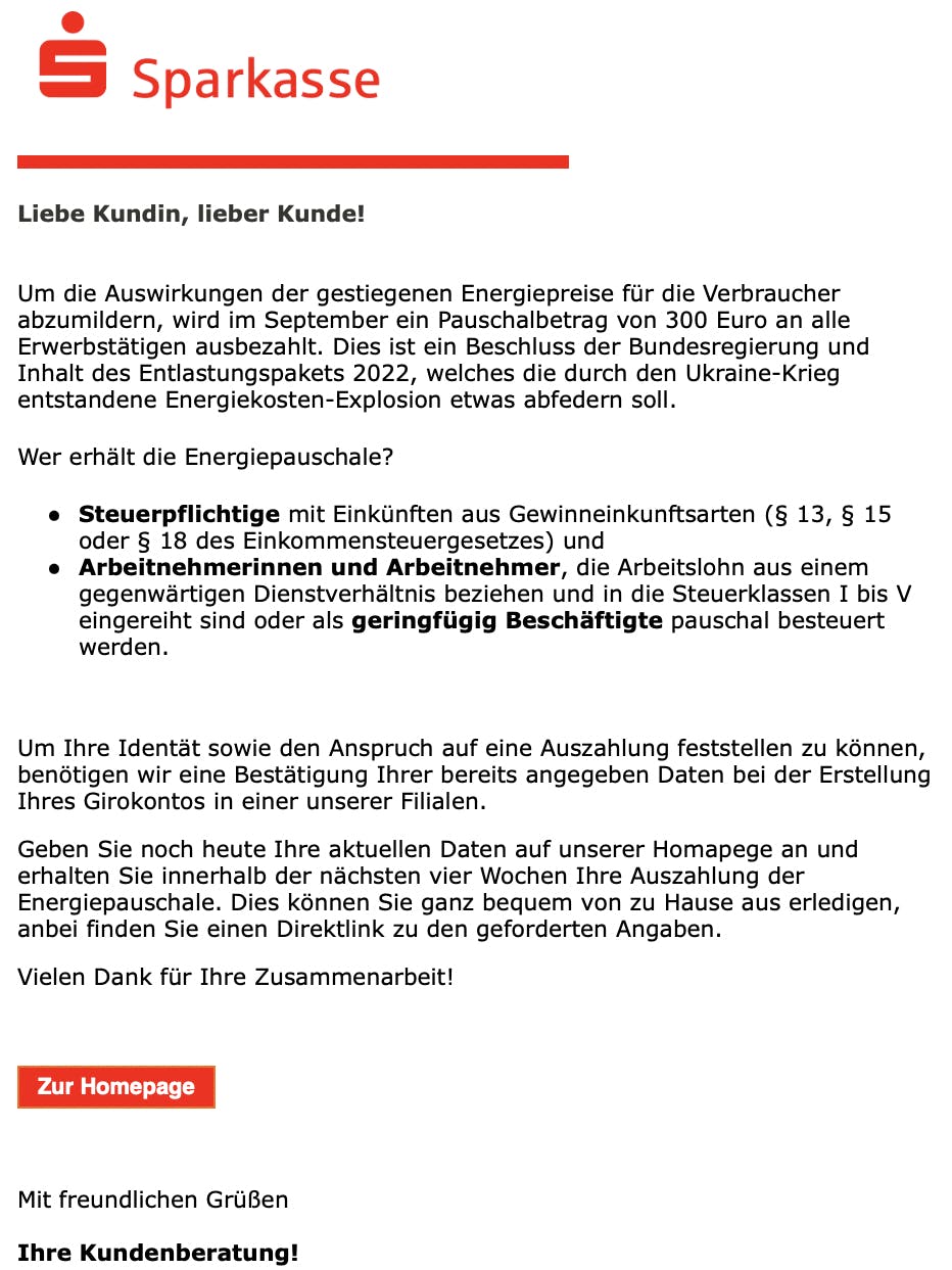 Sollten Sie solch eine Mail der Sparkasse bekommen, handelt es sich um einen Betrugsversuch.