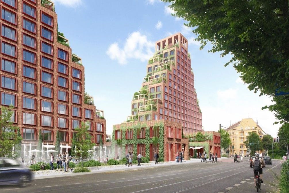 Sollen 16 Geschosse haben: die beiden pyramidenartigen Gebäude an der Eldenaer Straße.